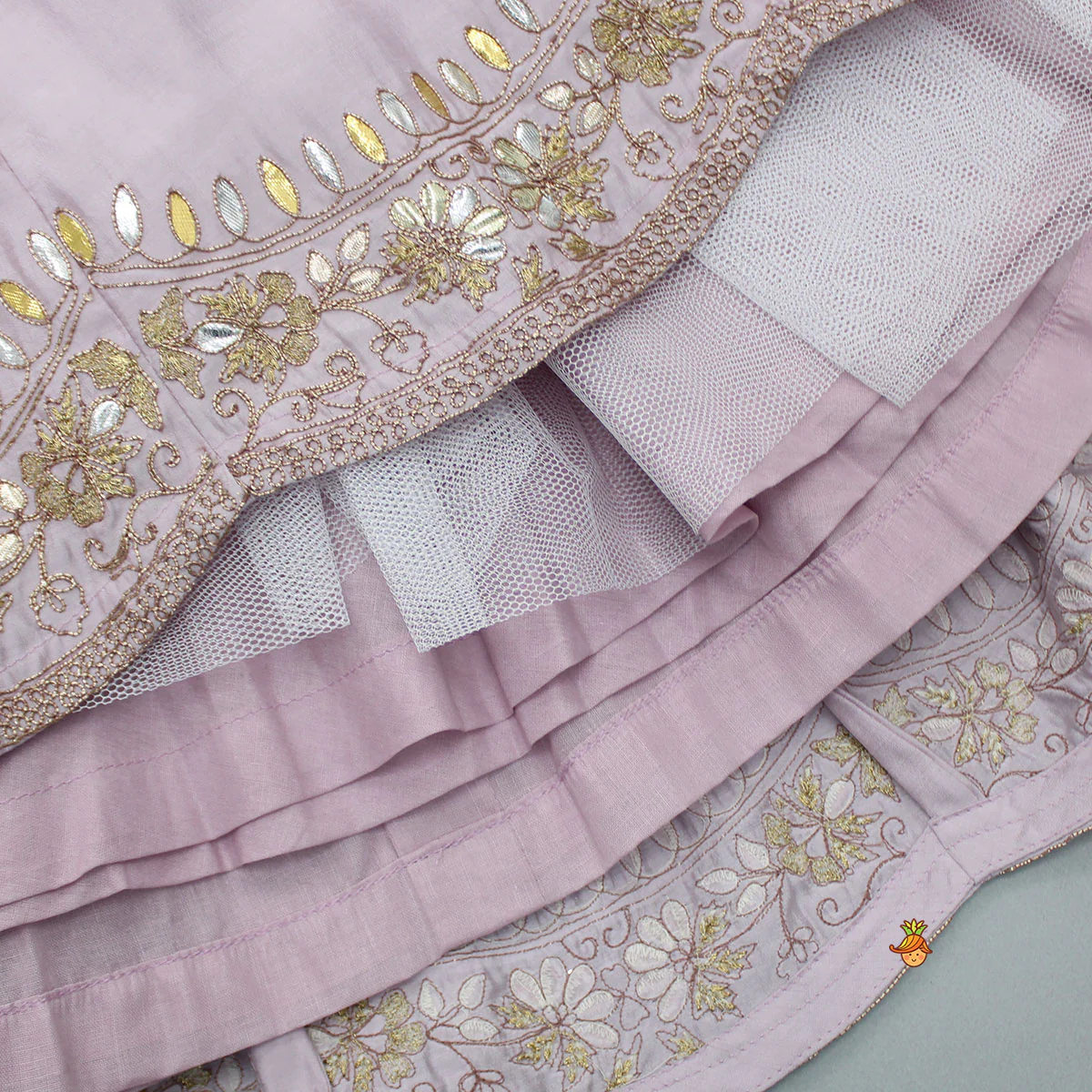 Gota Work Detail Lilac Top And Lehenga With Net Dupatta - Image 7