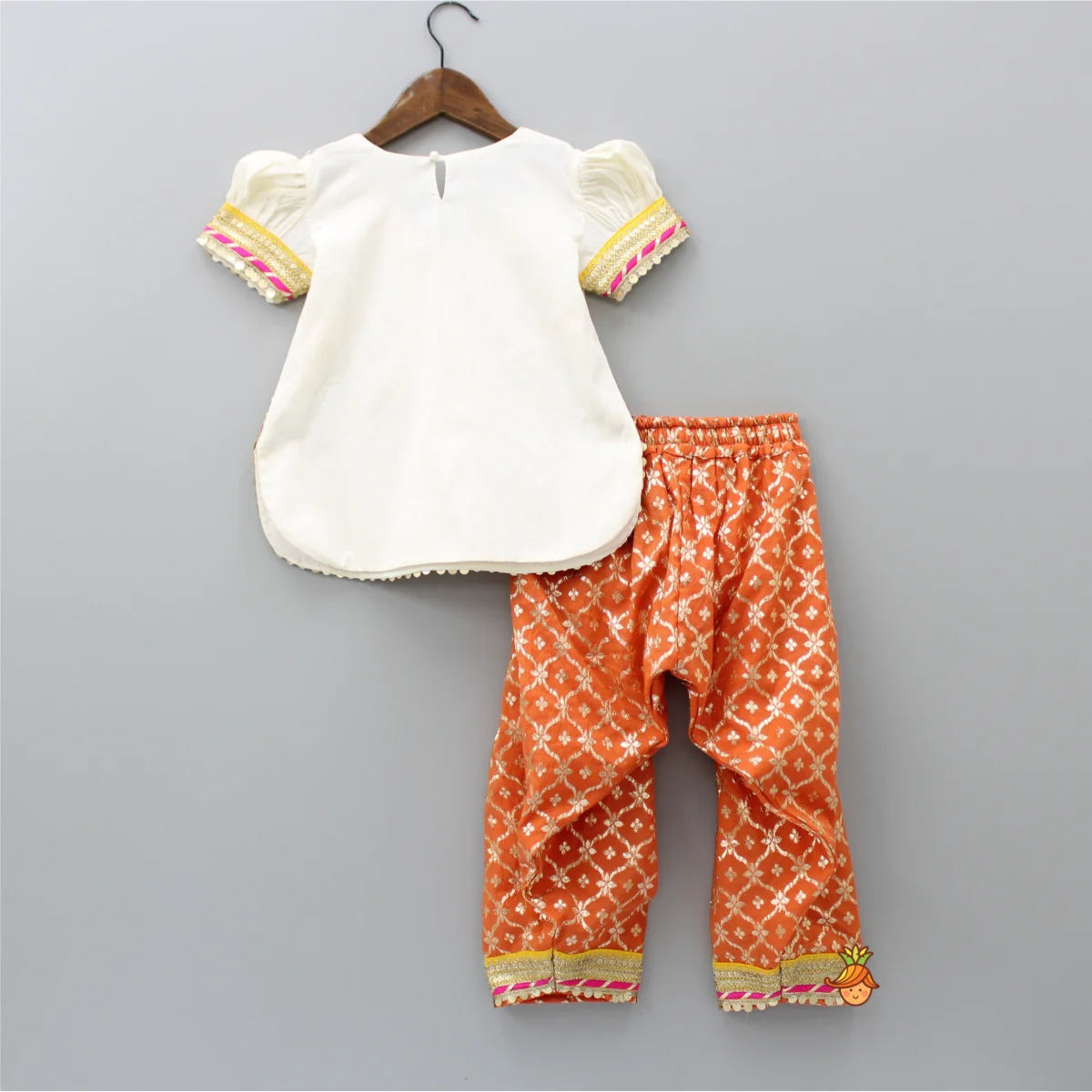 Gota Work Off White Top And Chanderi Embroidered Orange Patiala With Fringes Detailed Dupatta - Image 2