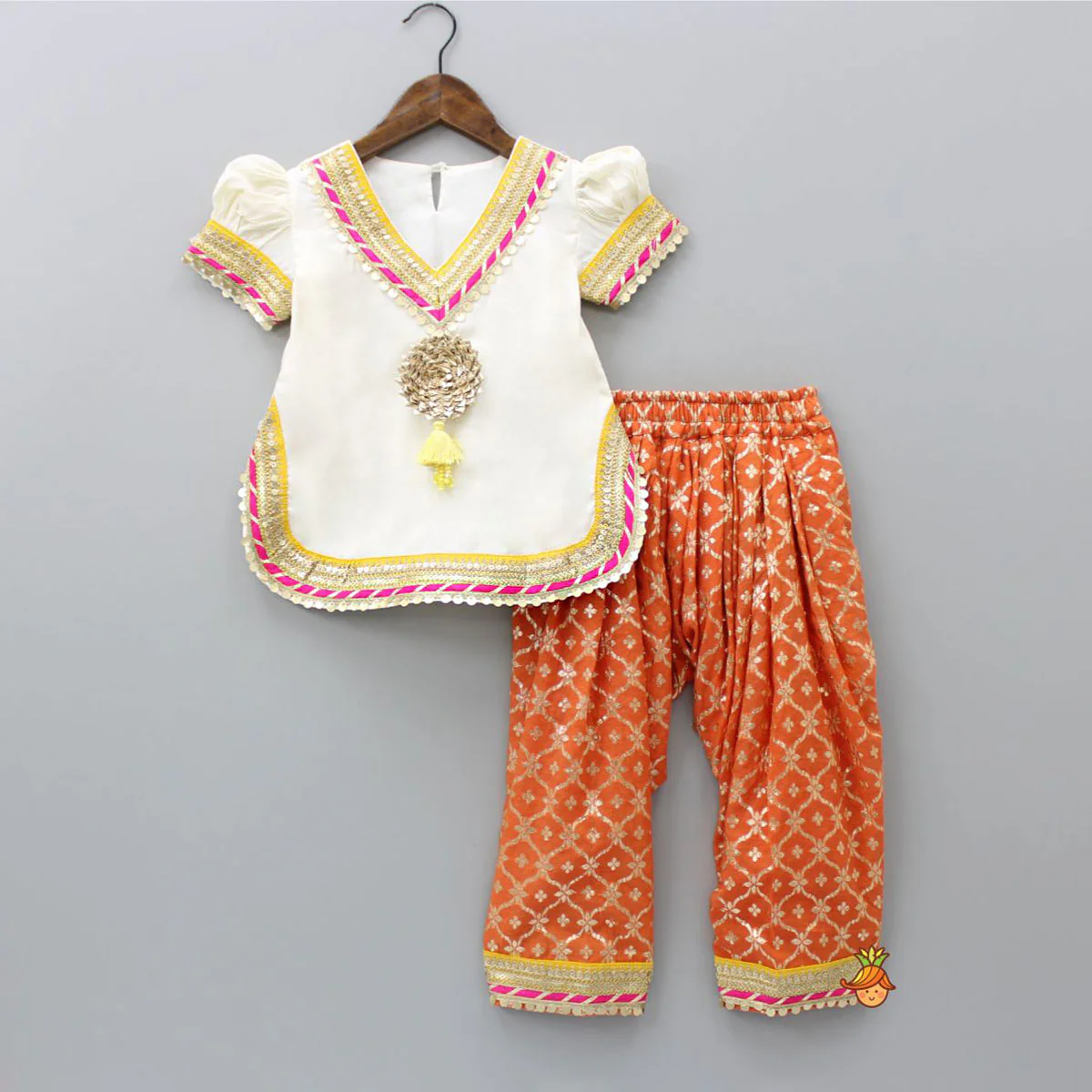 Gota Work Off White Top And Chanderi Embroidered Orange Patiala With Fringes Detailed Dupatta - Image 3