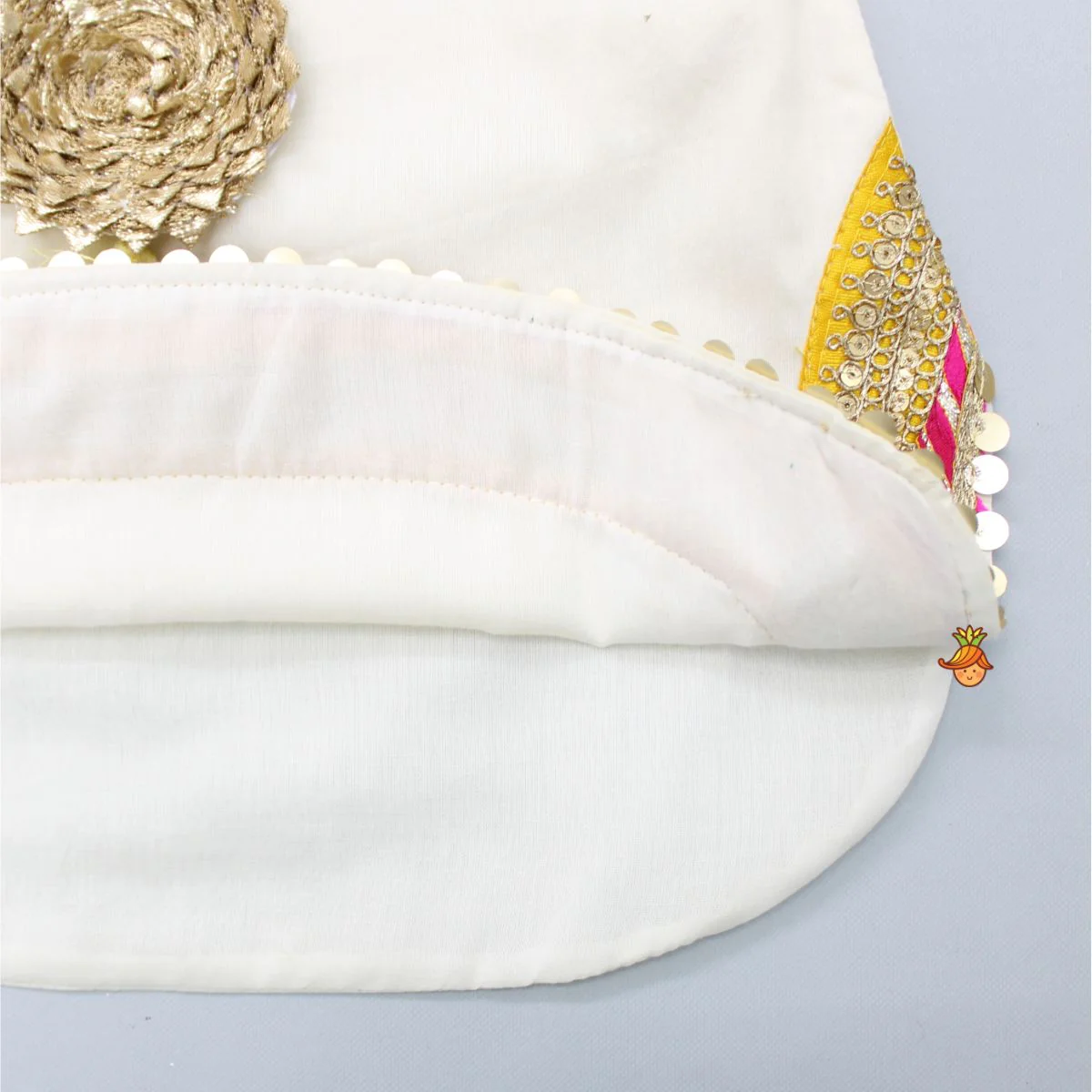 Gota Work Off White Top And Chanderi Embroidered Orange Patiala With Fringes Detailed Dupatta - Image 6