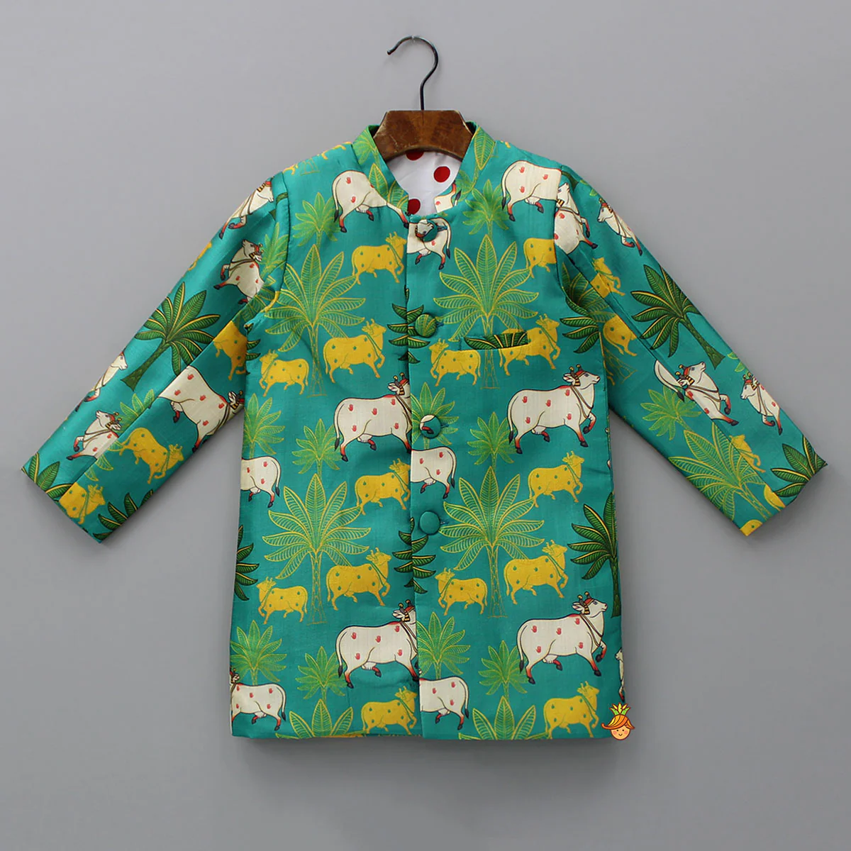 Green Animal Printed Sherwani With Pyjama - Image 3