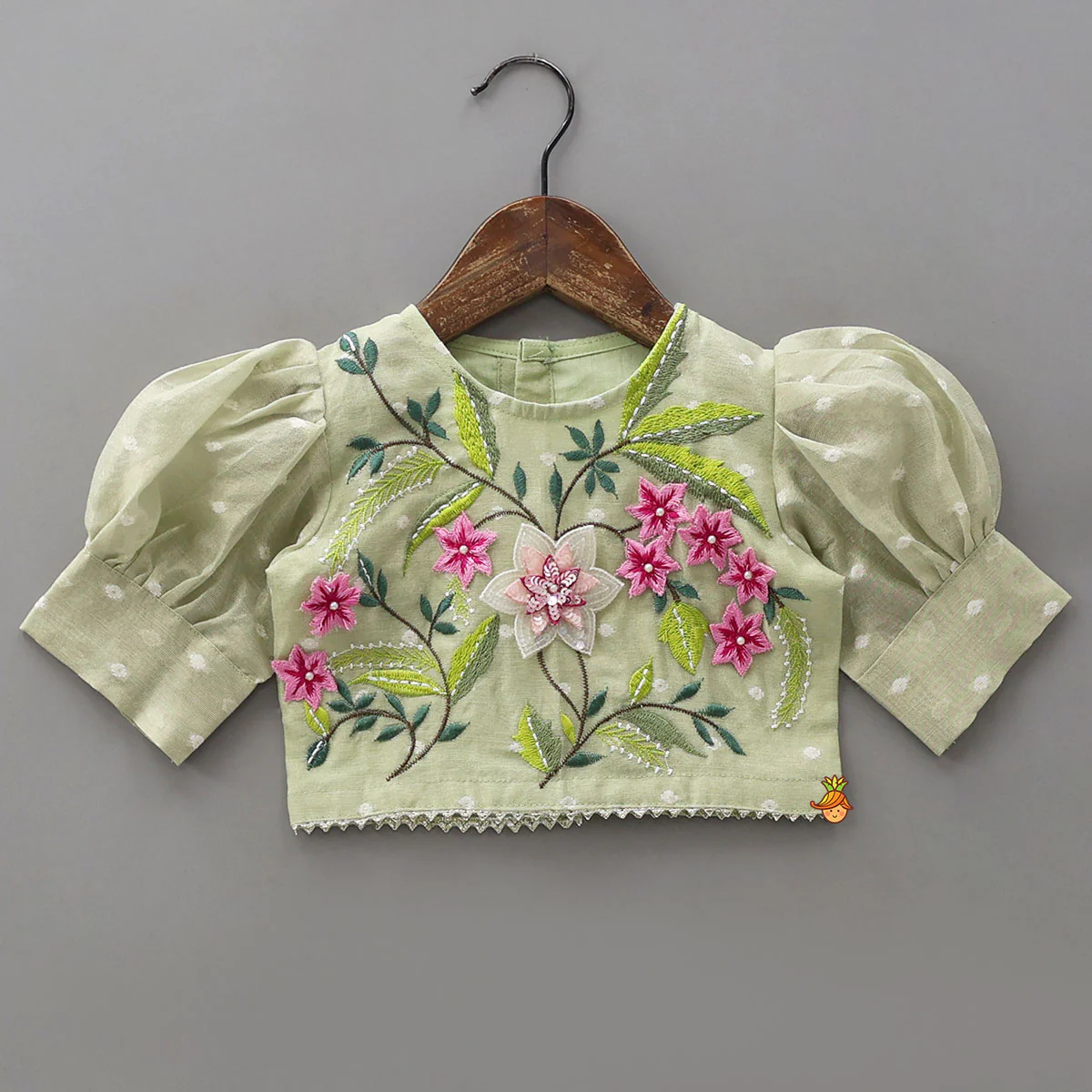 Green Butti Work Embroidered Top With Lehenga - Image 3