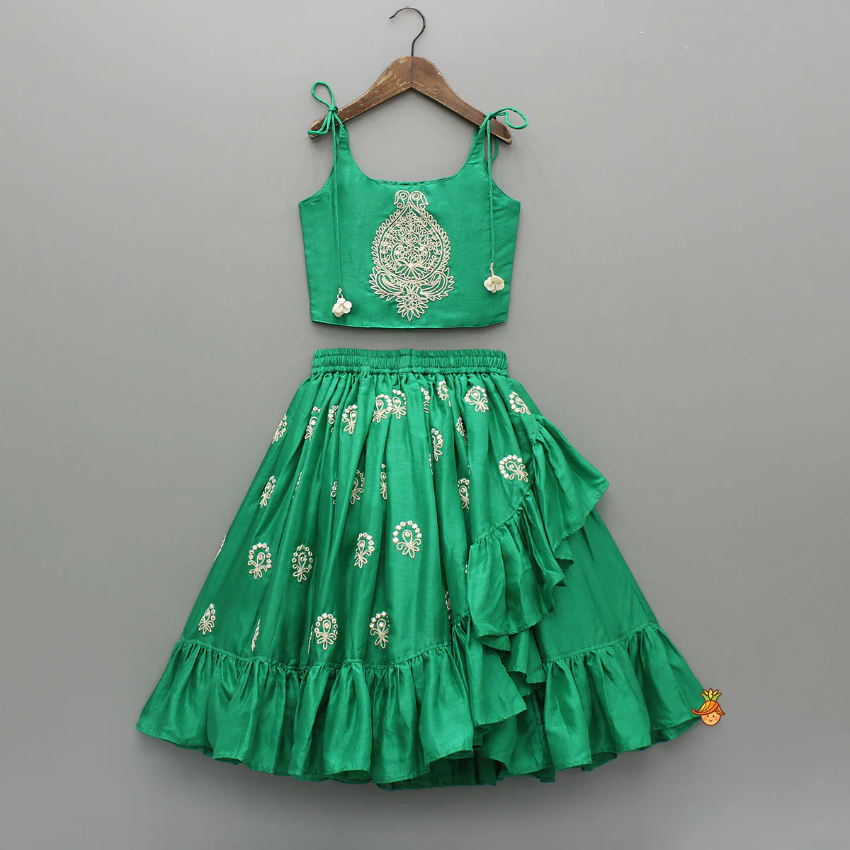 Green Dori Embroidered Strappy Top And Stylish Layered Lehenga