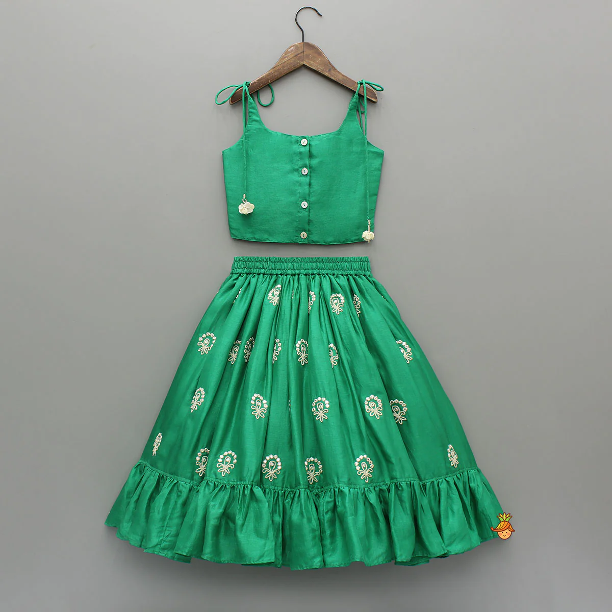 Green Dori Embroidered Strappy Top And Stylish Layered Lehenga - Image 2