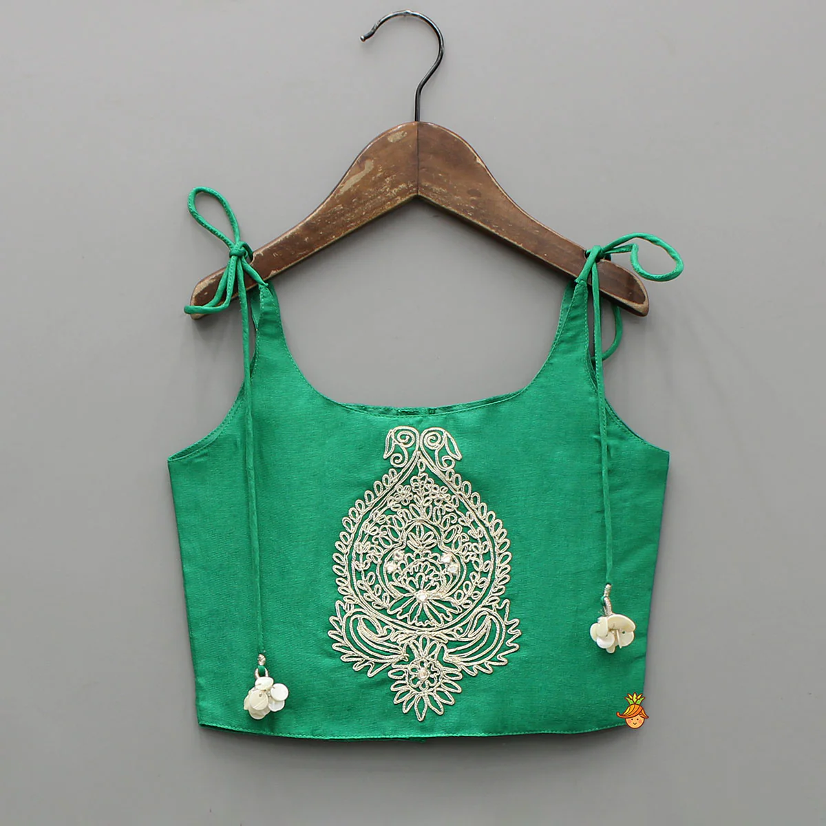 Green Dori Embroidered Strappy Top And Stylish Layered Lehenga - Image 3