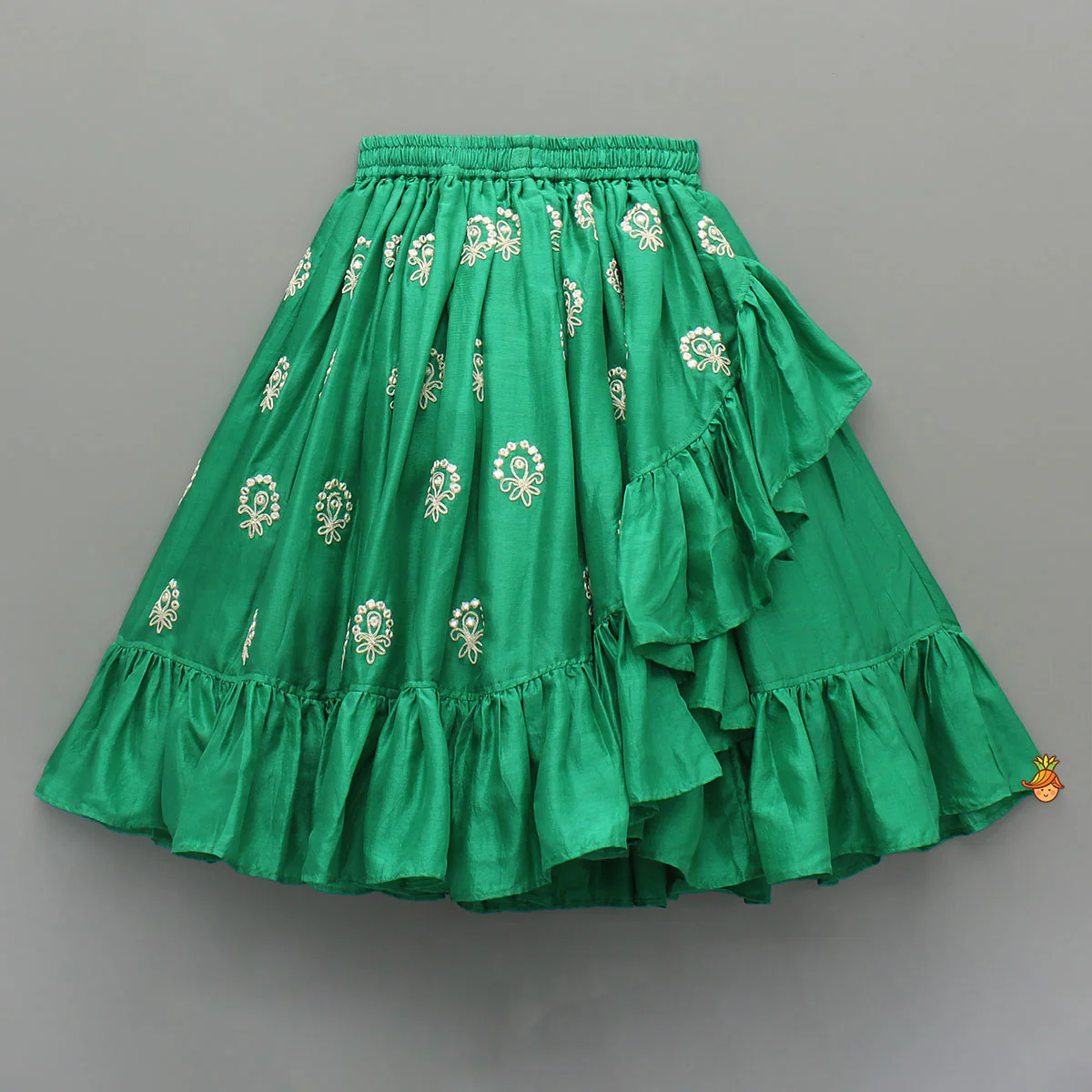 Green Dori Embroidered Strappy Top And Stylish Layered Lehenga - Image 4
