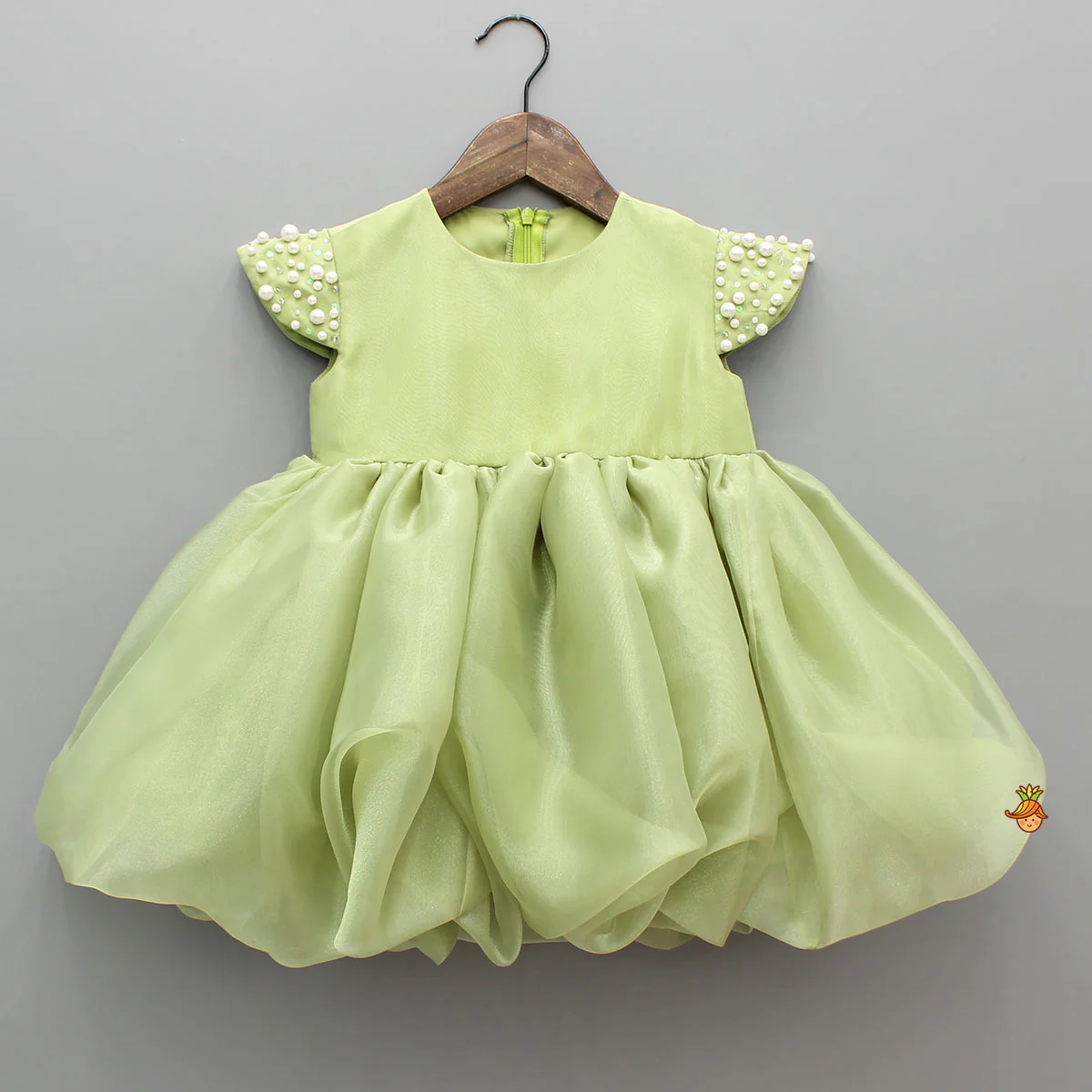 Green Embellished Dress With Detachable Bow