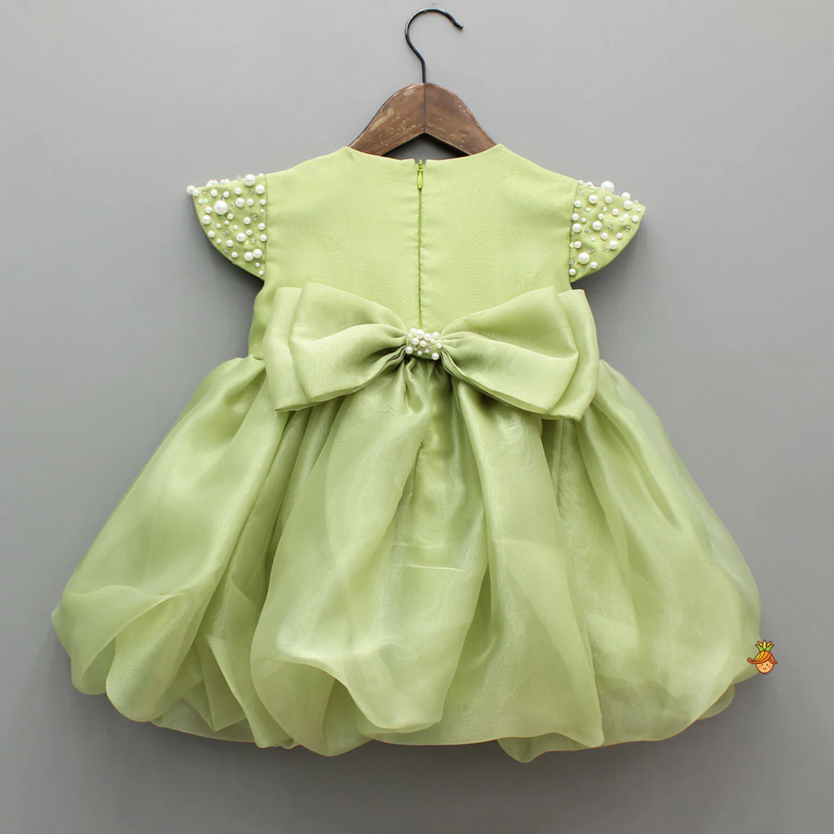 Green Embellished Dress With Detachable Bow - Image 2