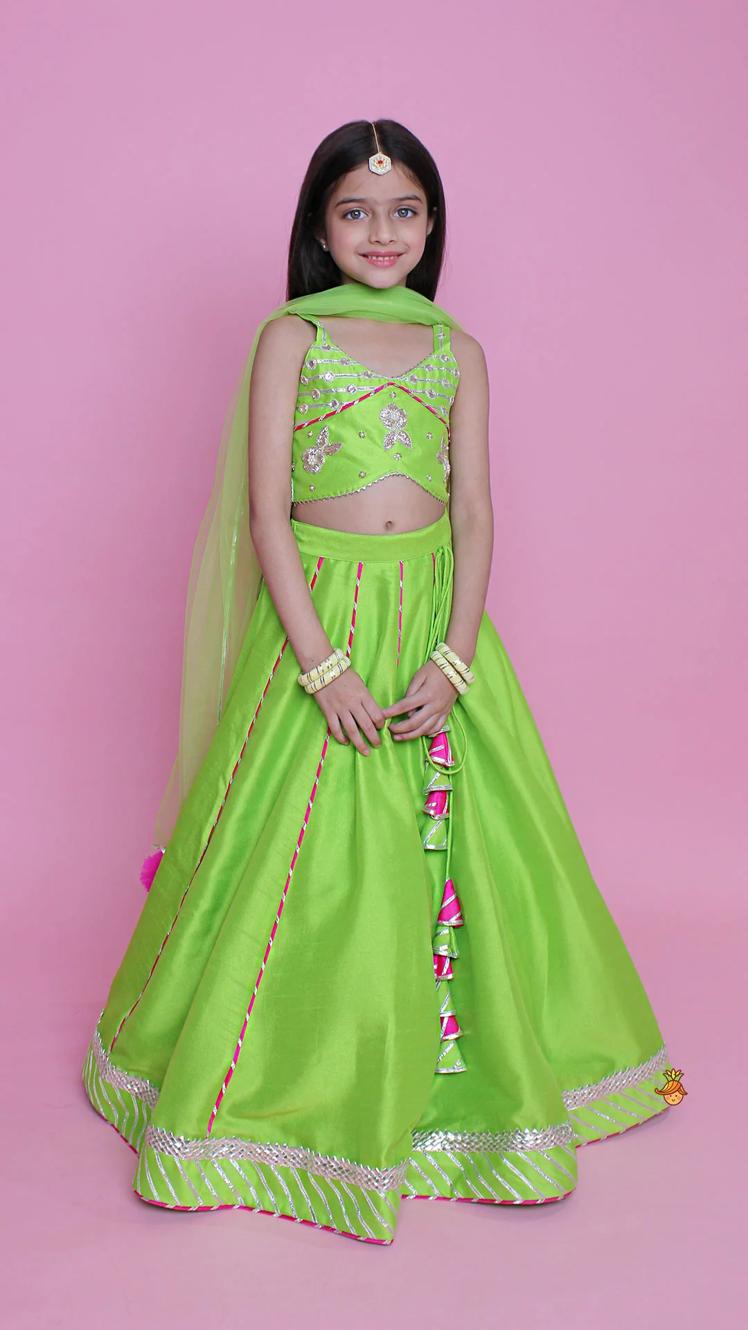 Green Embroidered Strappy Top And Lehenga With Dupatta - Image 2