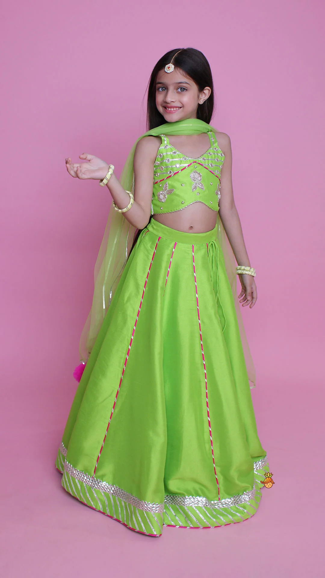 Green Embroidered Strappy Top And Lehenga With Dupatta - Image 3