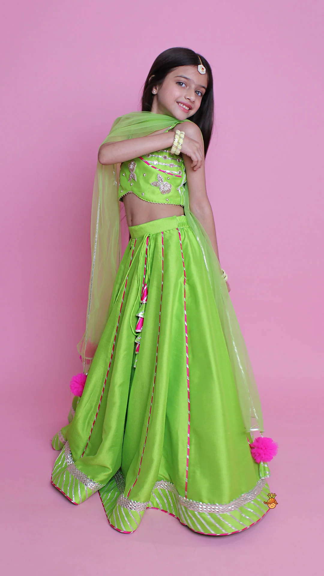 Green Embroidered Strappy Top And Lehenga With Dupatta - Image 5