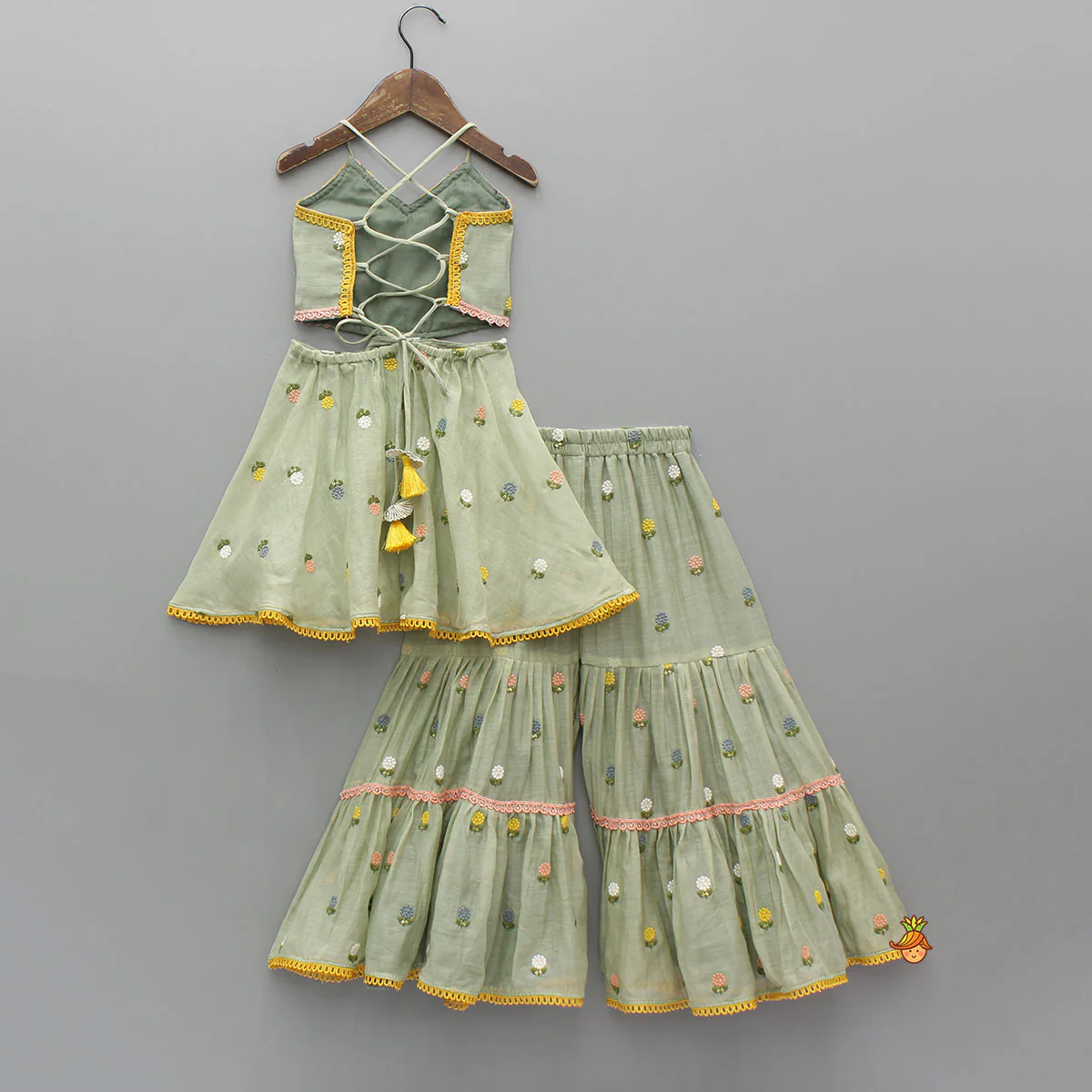 Green Floral Embroidered Stylish Backless Kurti With Sharara And Dupatta - Image 2