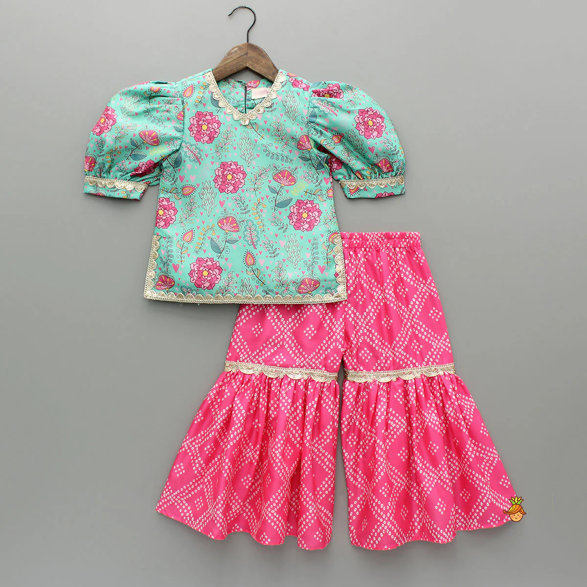Green Floral Printed Top And Sharara With Dupatta - Image 3