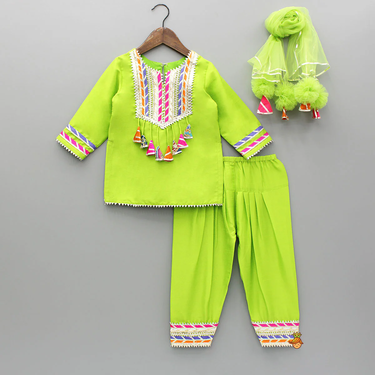 Green Gota Lace Work Kurti And Salwar With Matching Dupatta