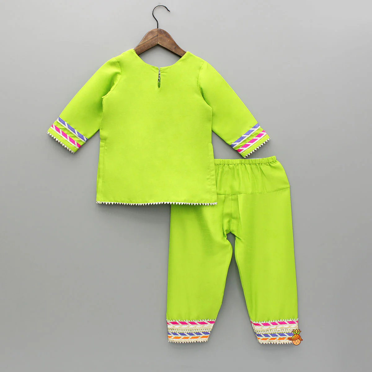 Green Gota Lace Work Kurti And Salwar With Matching Dupatta - Image 2