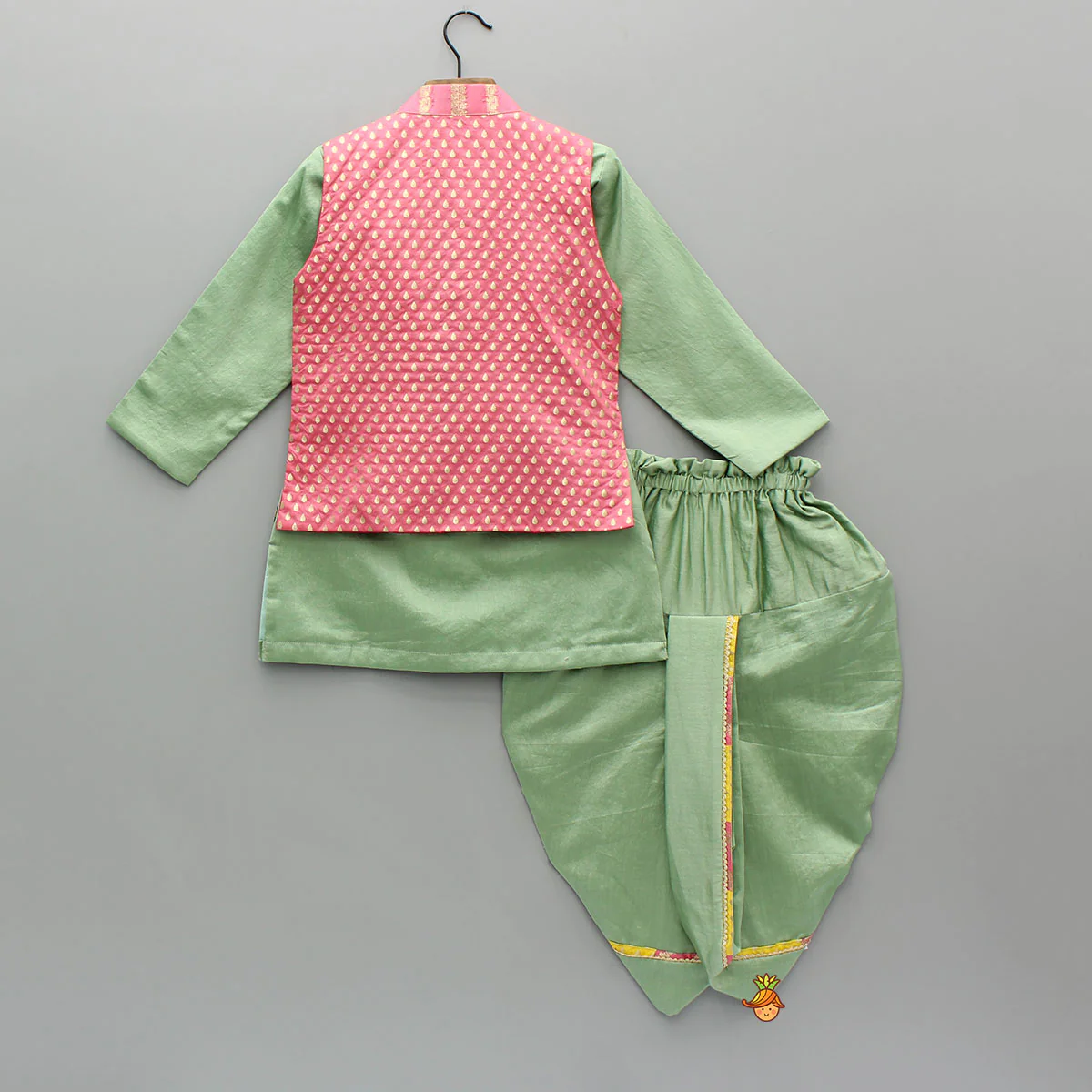 Green Kurta With Prink Brocade Jacket And Dhoti - Image 2
