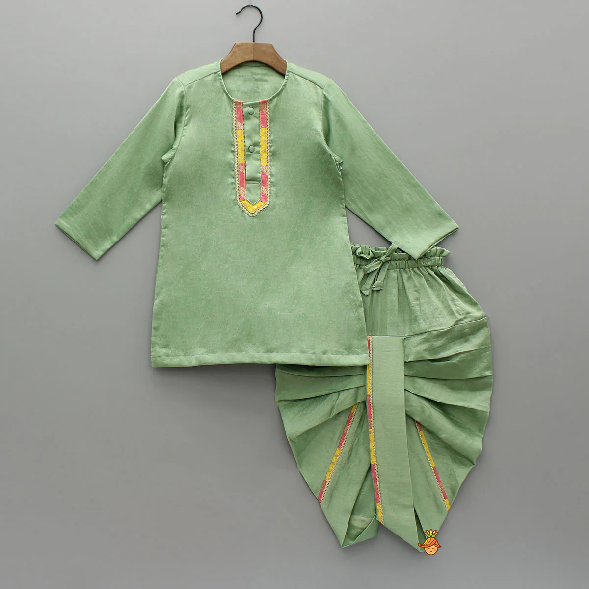 Green Kurta With Prink Brocade Jacket And Dhoti - Image 3