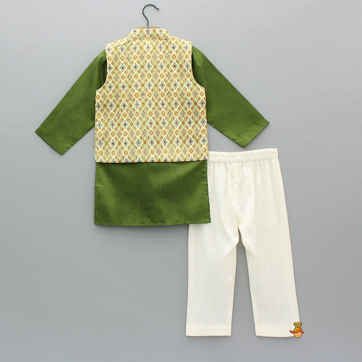 Green Kurta With Printed Jacket And Cream Pyjama - Image 2