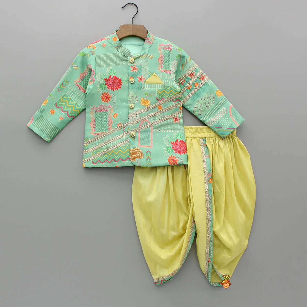 Green Printed Lace Detailed Sherwani And Dhoti