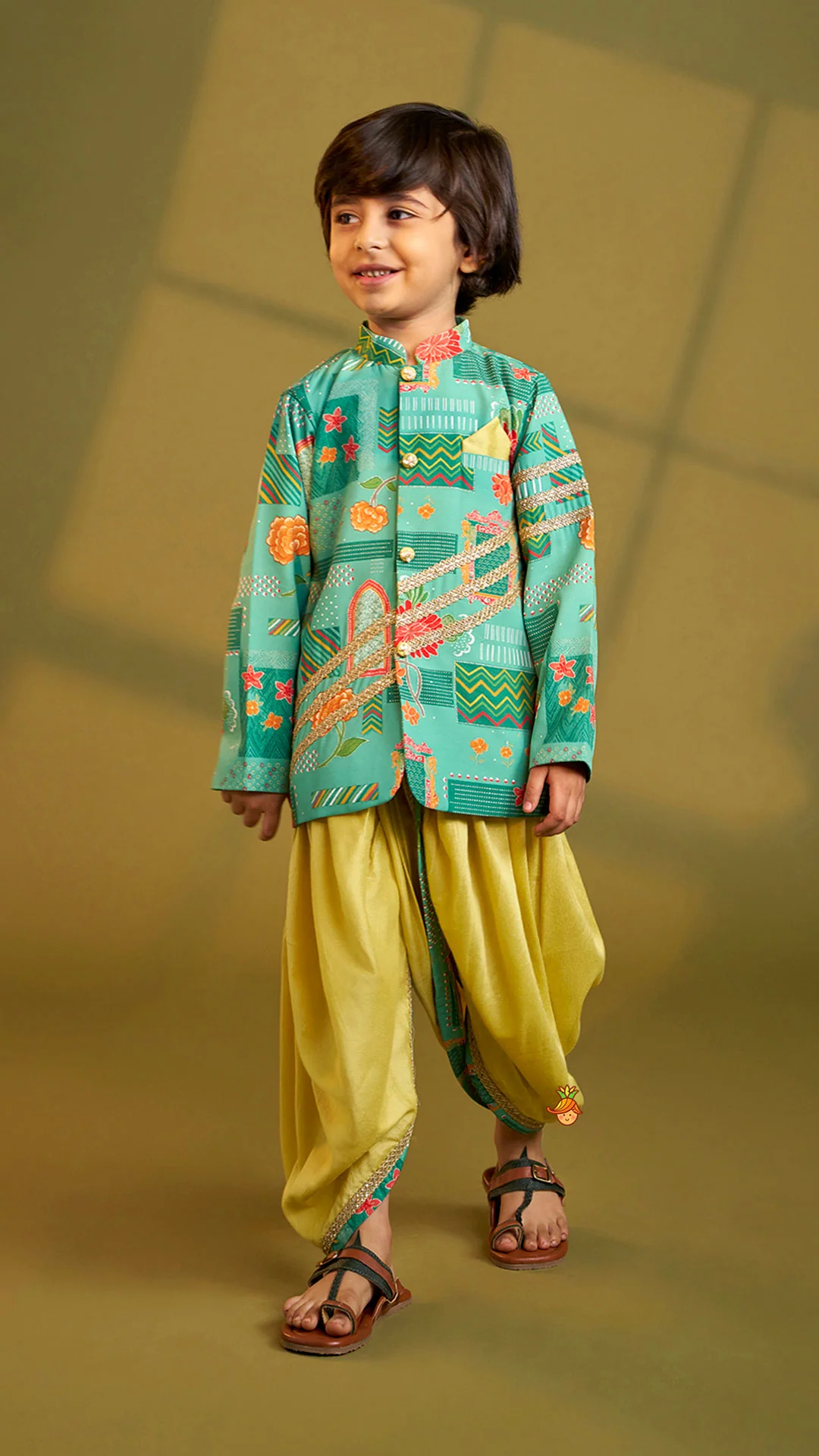 Green Printed Lace Detailed Sherwani And Dhoti - Image 2