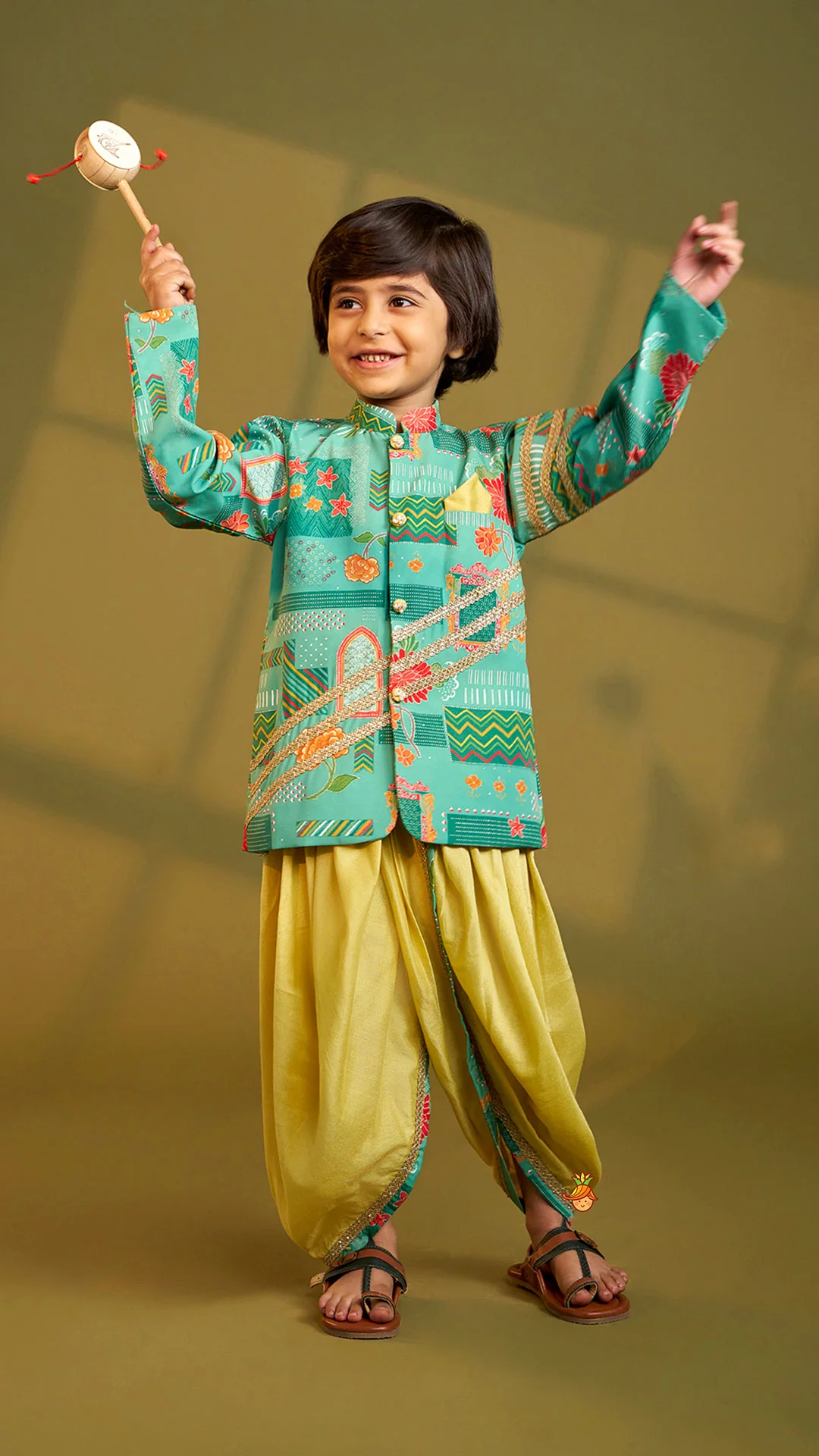 Green Printed Lace Detailed Sherwani And Dhoti - Image 3
