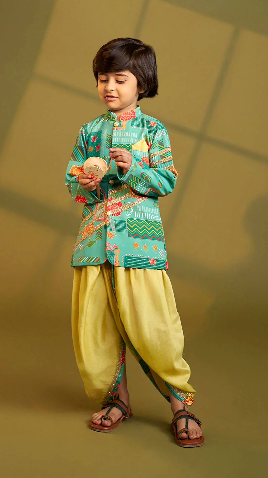 Green Printed Lace Detailed Sherwani And Dhoti - Image 5