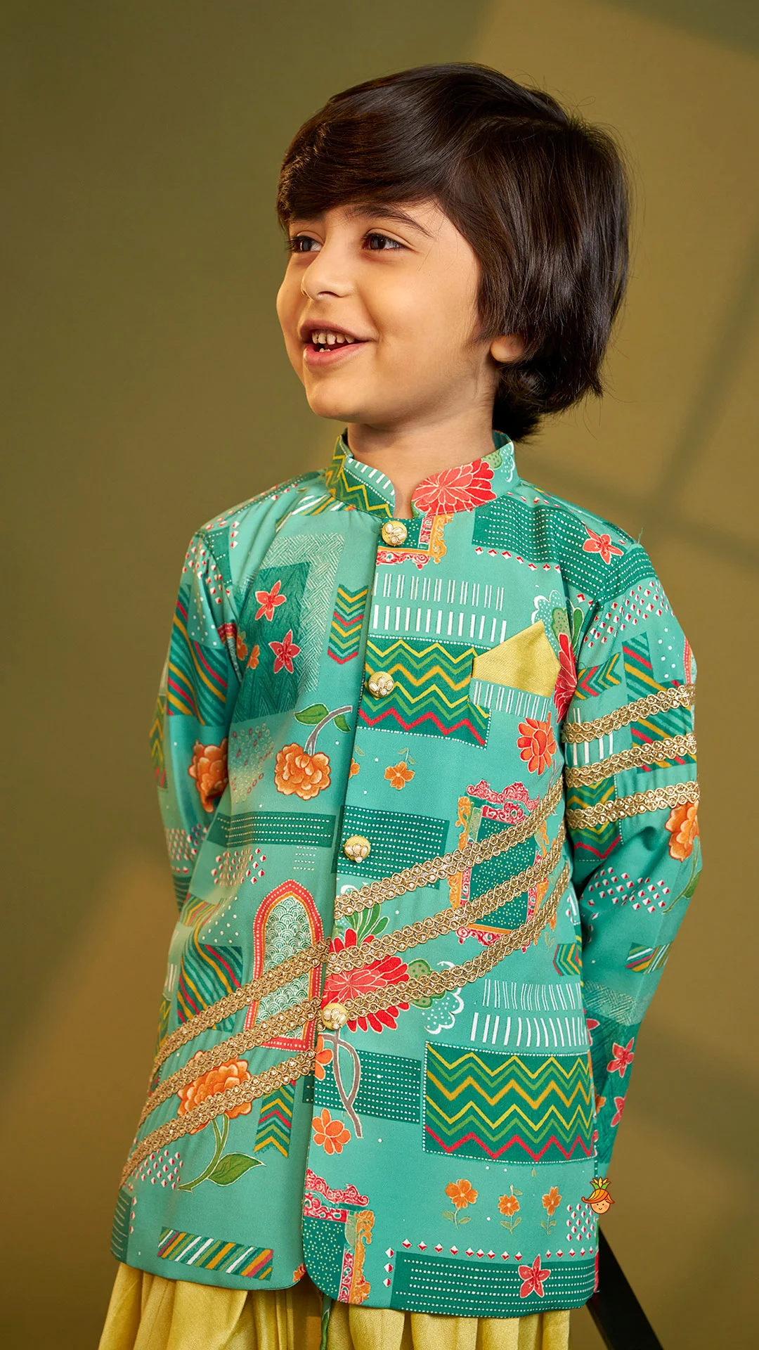 Green Printed Lace Detailed Sherwani And Dhoti - Image 6