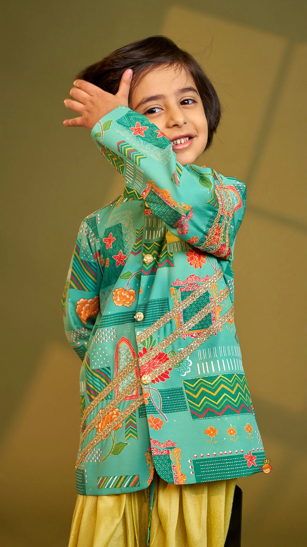 Green Printed Lace Detailed Sherwani And Dhoti - Image 7