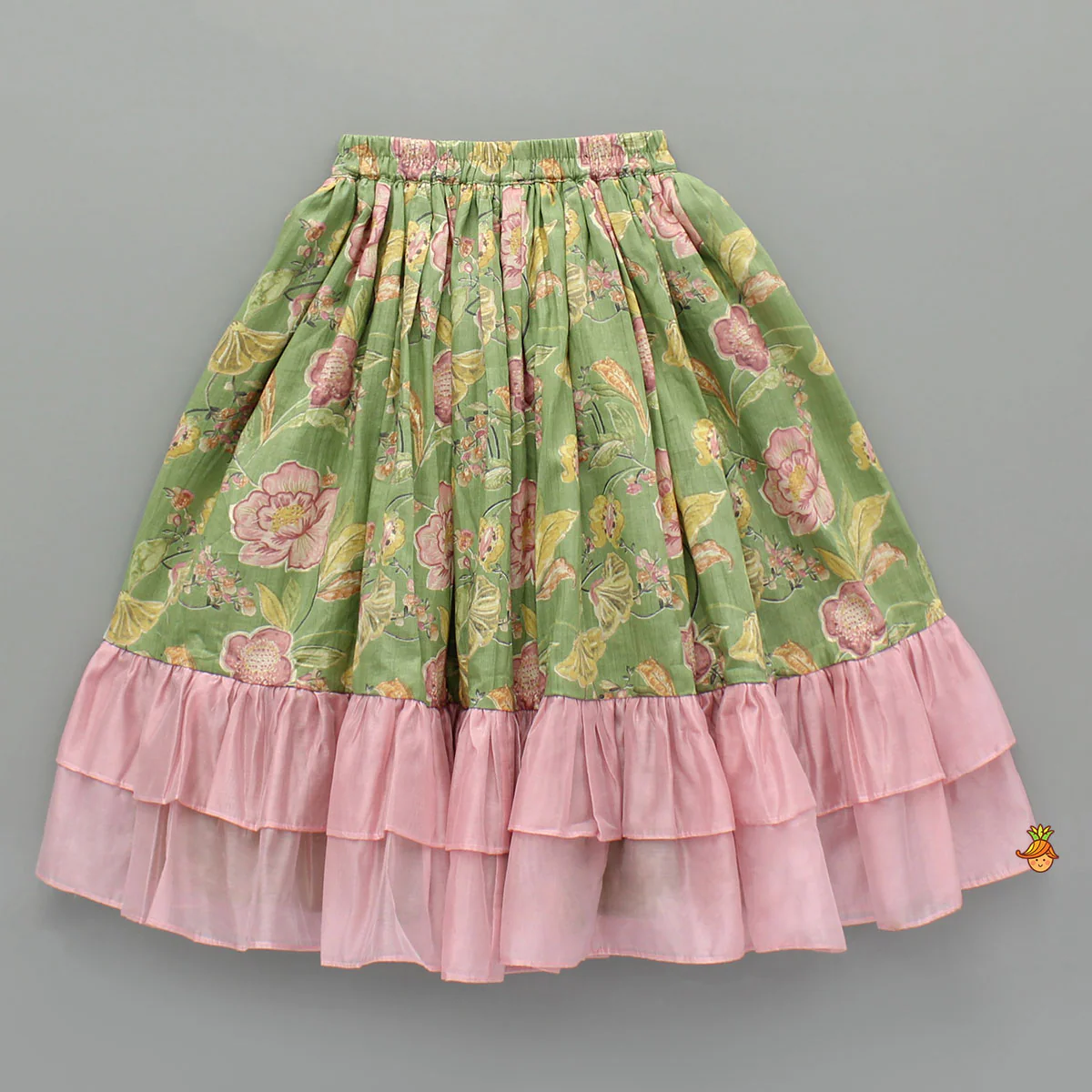 Green Printed One Shoulder Frilly Top And Lehenga - Image 4