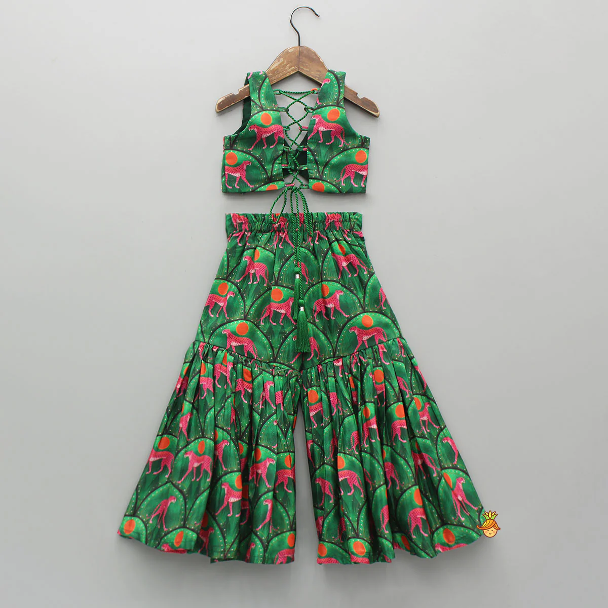 Green Printed Stylish Crop Top With Sharara - Image 2