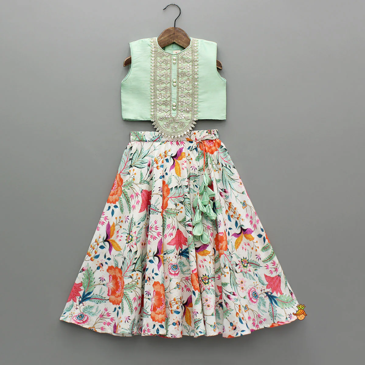 Green Sleeveless Top With Multicolour Printed Lehenga