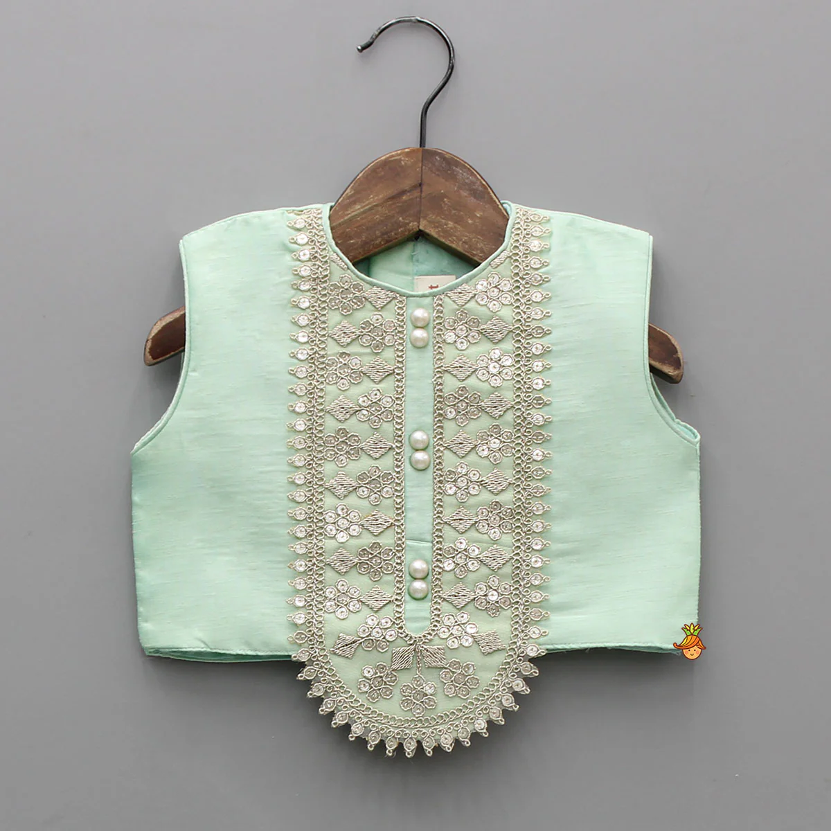 Green Sleeveless Top With Multicolour Printed Lehenga - Image 3
