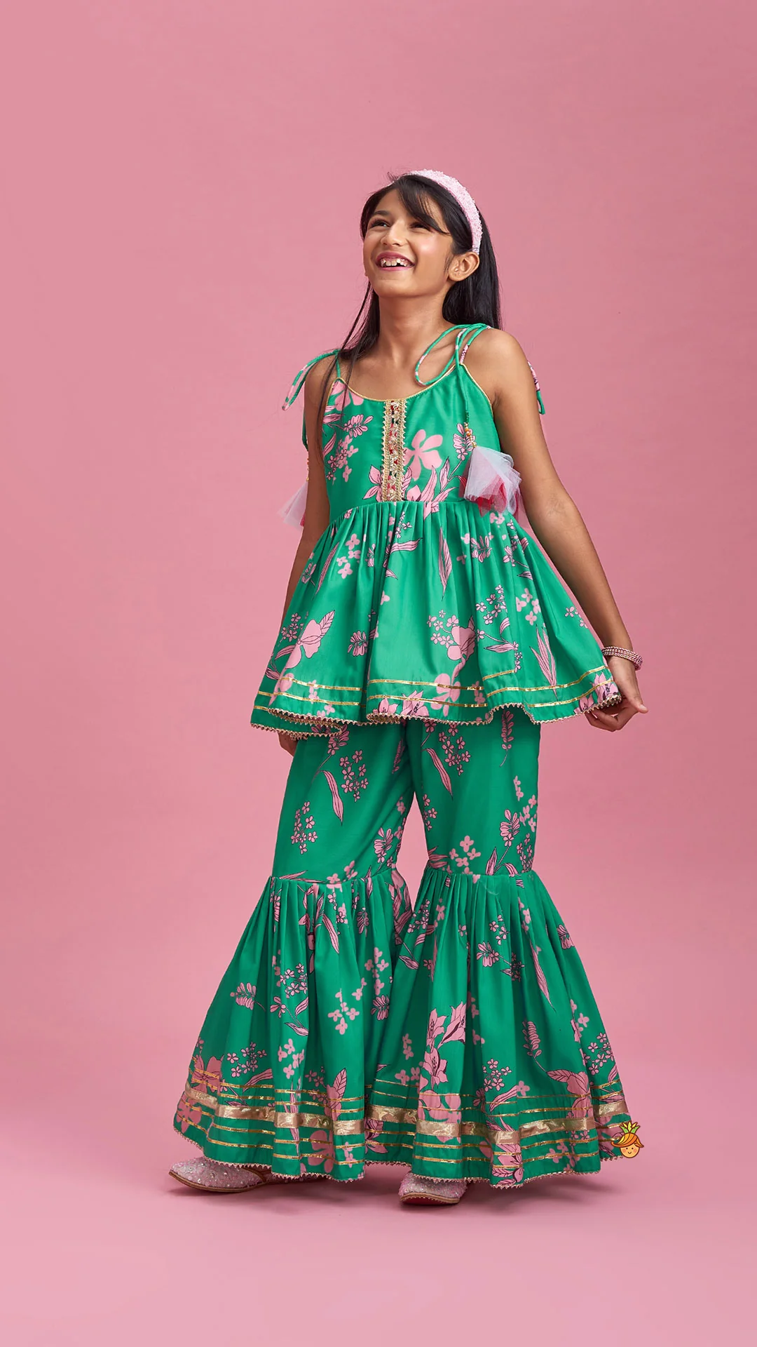 Green Top And Sharara With Pink Floral Prints And Net Dupatta - Image 3