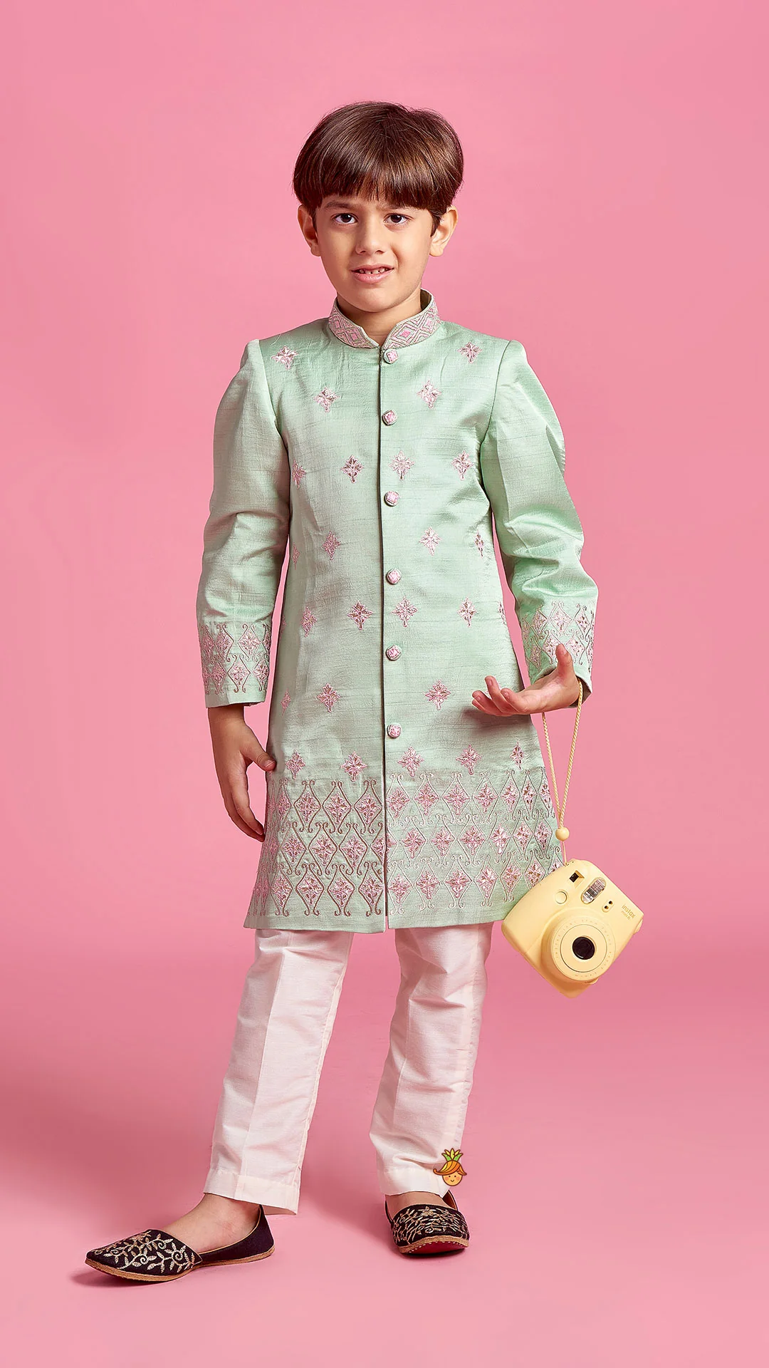Green Zari And Thread Embroidered Sherwani With Pyjama - Image 2
