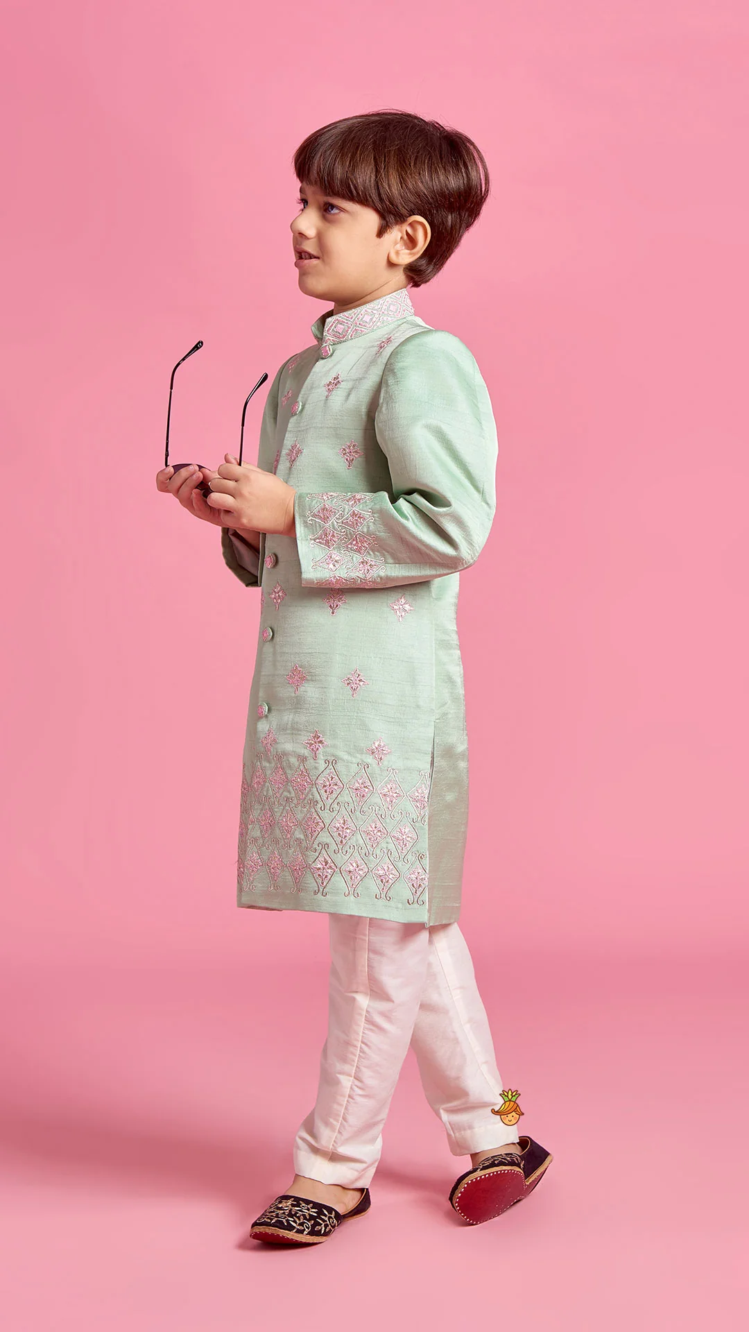 Green Zari And Thread Embroidered Sherwani With Pyjama - Image 3