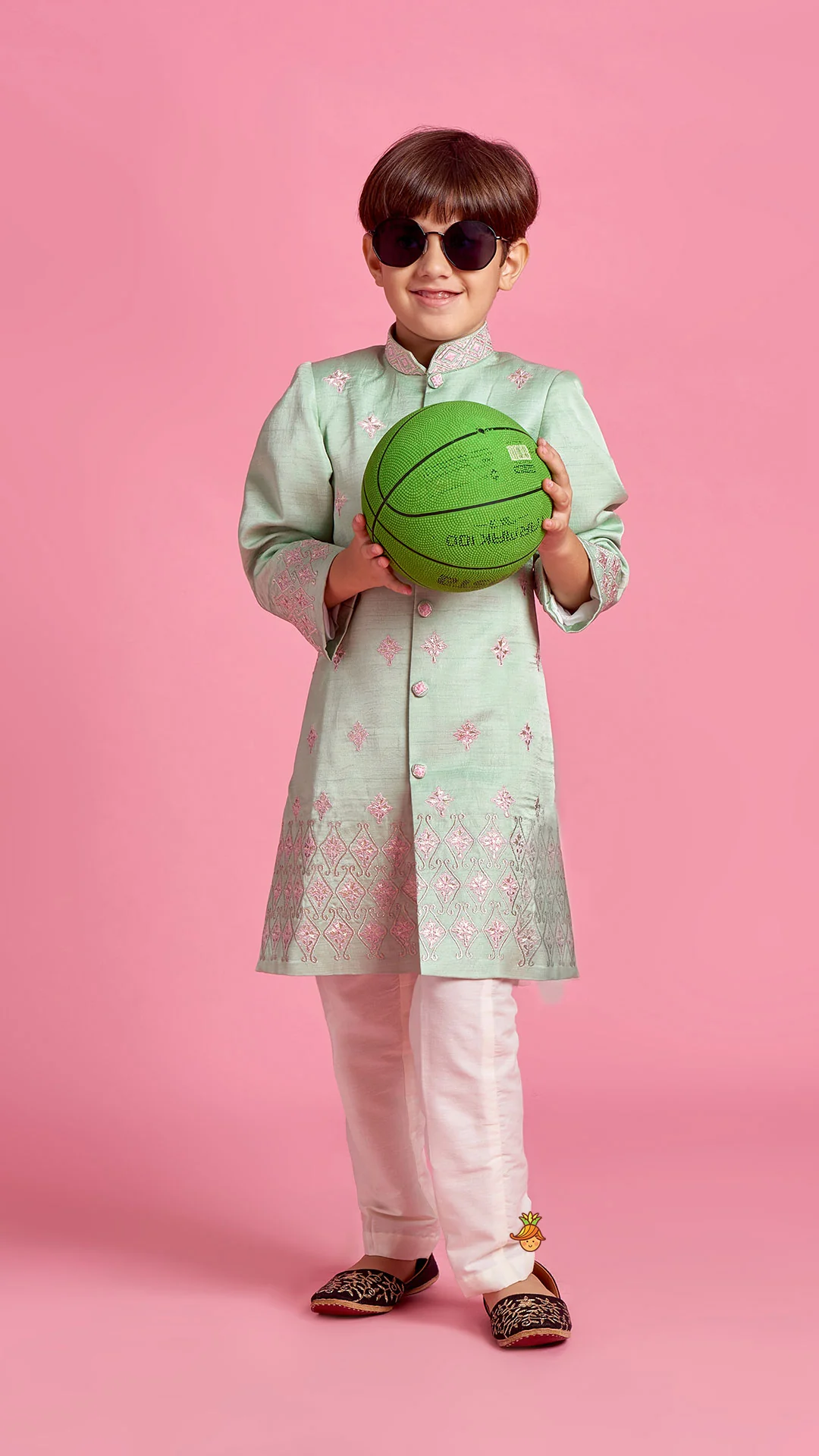 Green Zari And Thread Embroidered Sherwani With Pyjama - Image 4