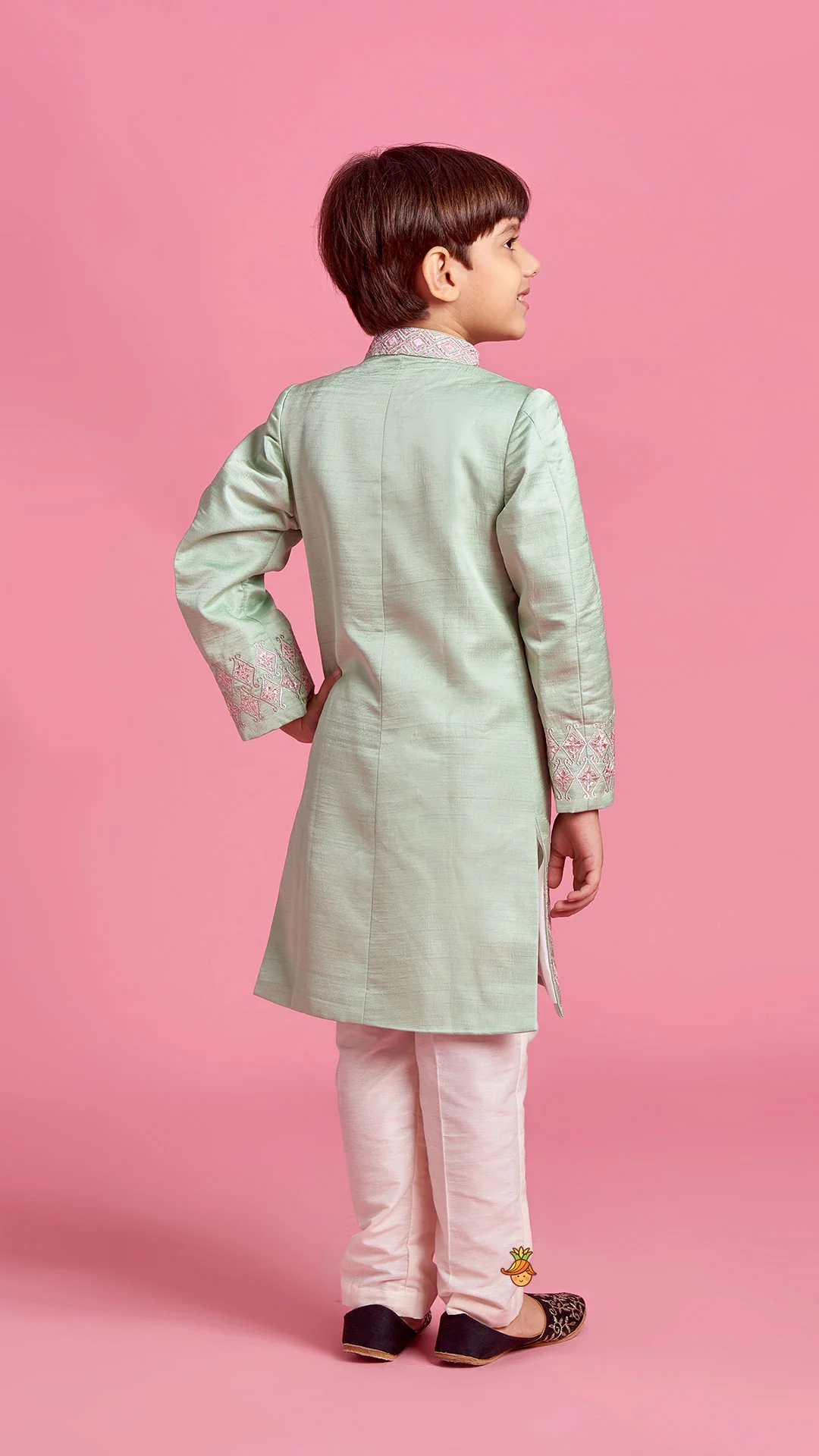 Green Zari And Thread Embroidered Sherwani With Pyjama - Image 7