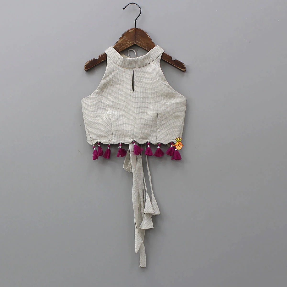 Halter Neck Fringe Detailed Top With Printed Lehenga - Image 3