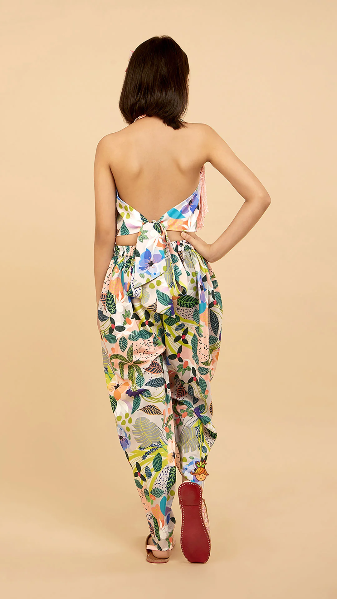 Halter Neck Open Back Peach Top And Printed Multicolour Dhoti Style Tulip Pant - Image 6