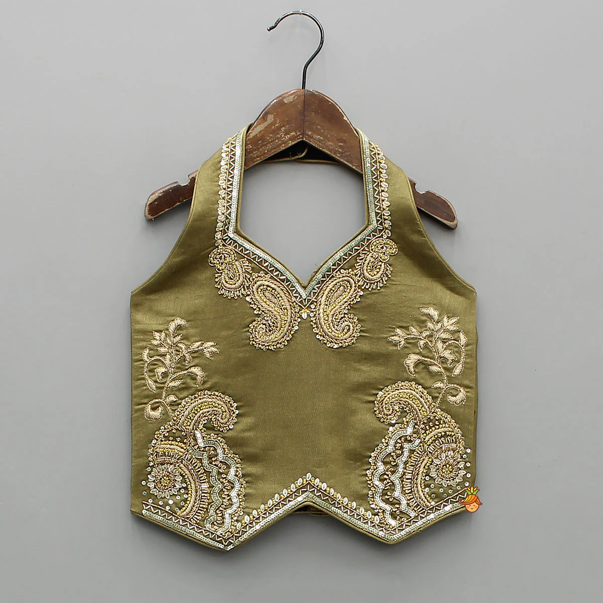 Halter Neck Paisley Embroidered Stylish Top With Brocade Lehenga - Image 3