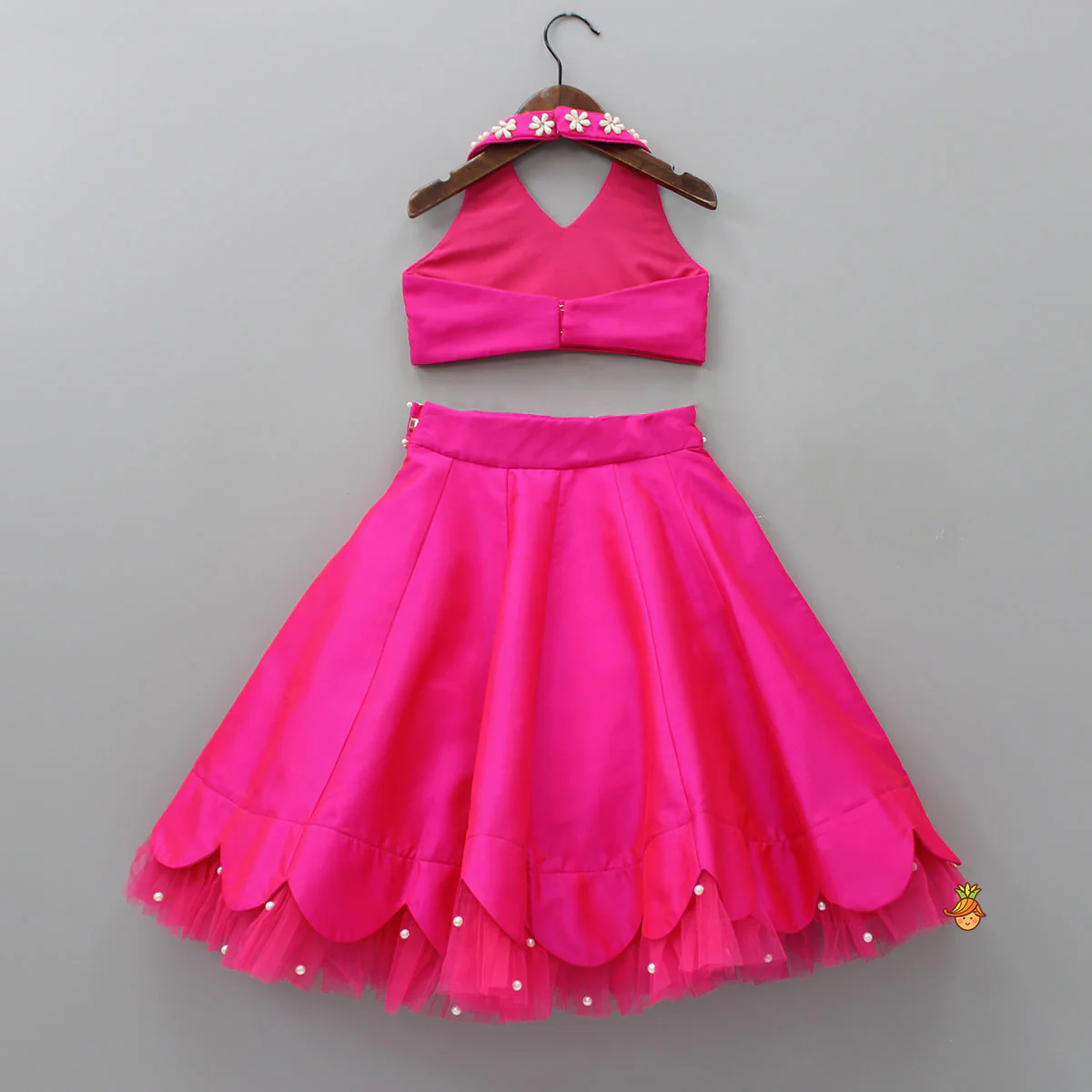 Halter Neck Pink Floral Embroidered Top And Scalloped Hem Lehenga With Flat Back Pearls Enhanced Ruffle Dupatta - Image 2