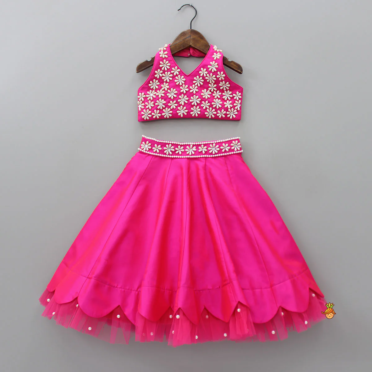 Halter Neck Pink Floral Embroidered Top And Scalloped Hem Lehenga With Flat Back Pearls Enhanced Ruffle Dupatta - Image 3