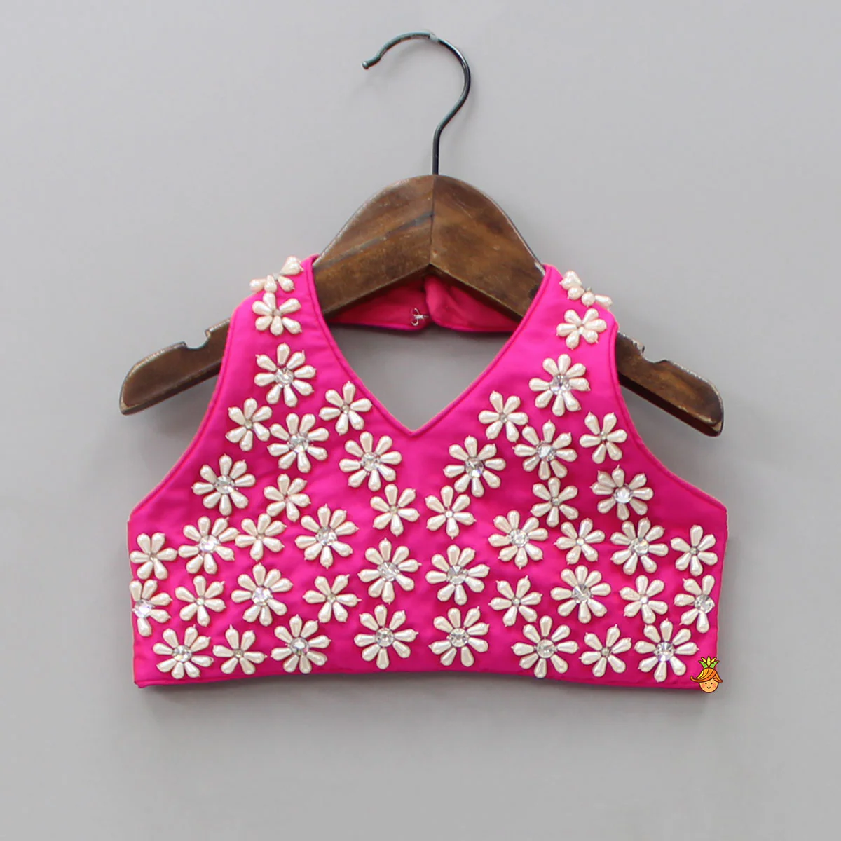 Halter Neck Pink Floral Embroidered Top And Scalloped Hem Lehenga With Flat Back Pearls Enhanced Ruffle Dupatta - Image 4