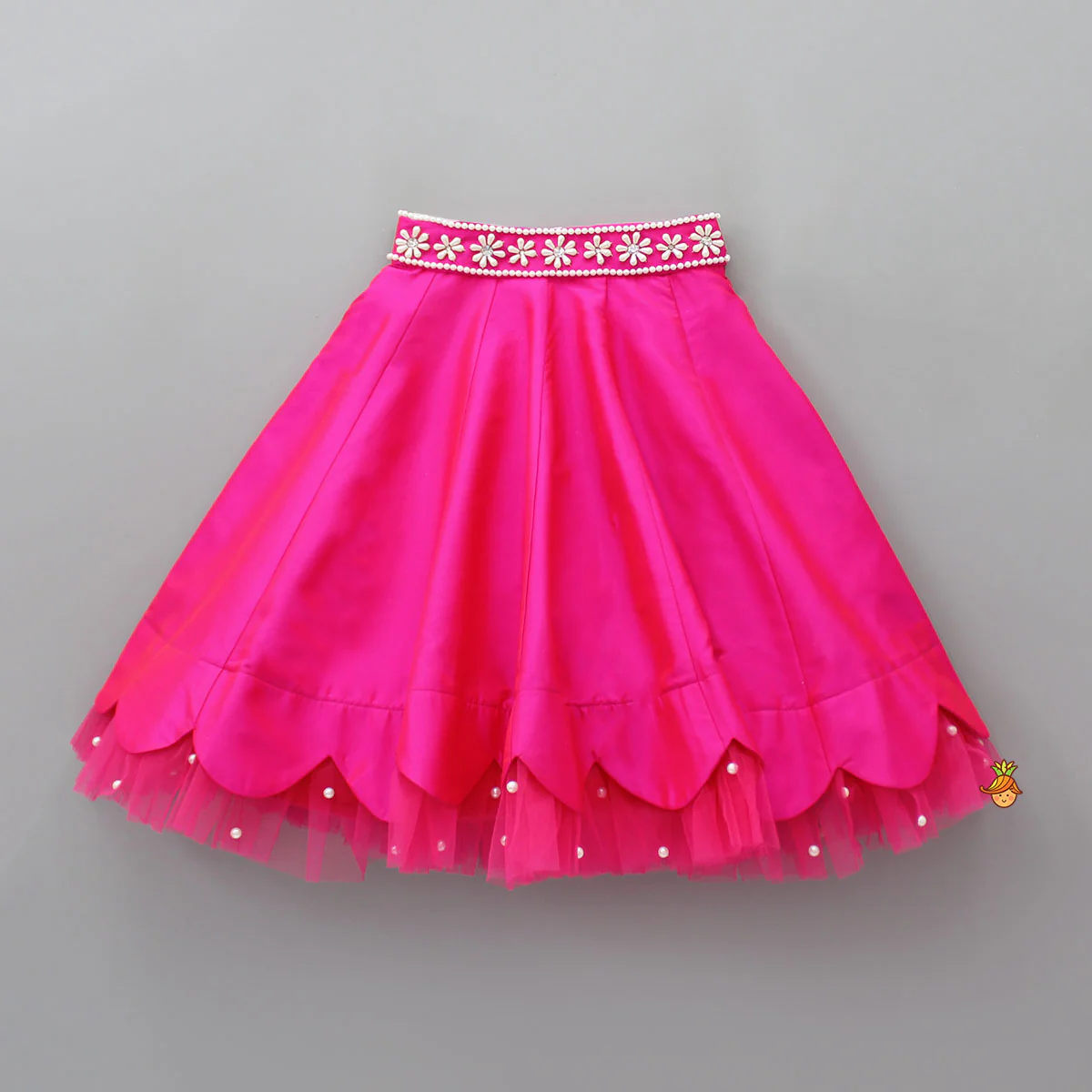 Halter Neck Pink Floral Embroidered Top And Scalloped Hem Lehenga With Flat Back Pearls Enhanced Ruffle Dupatta - Image 5