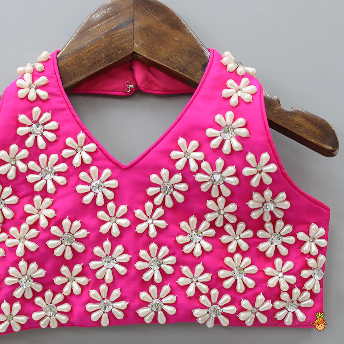 Halter Neck Pink Floral Embroidered Top And Scalloped Hem Lehenga With Flat Back Pearls Enhanced Ruffle Dupatta - Image 6