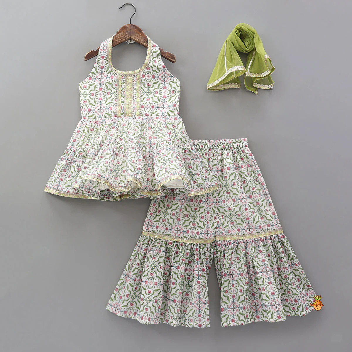 Halter Neck Printed Kurti And Sharara With Contrasting Dupatta