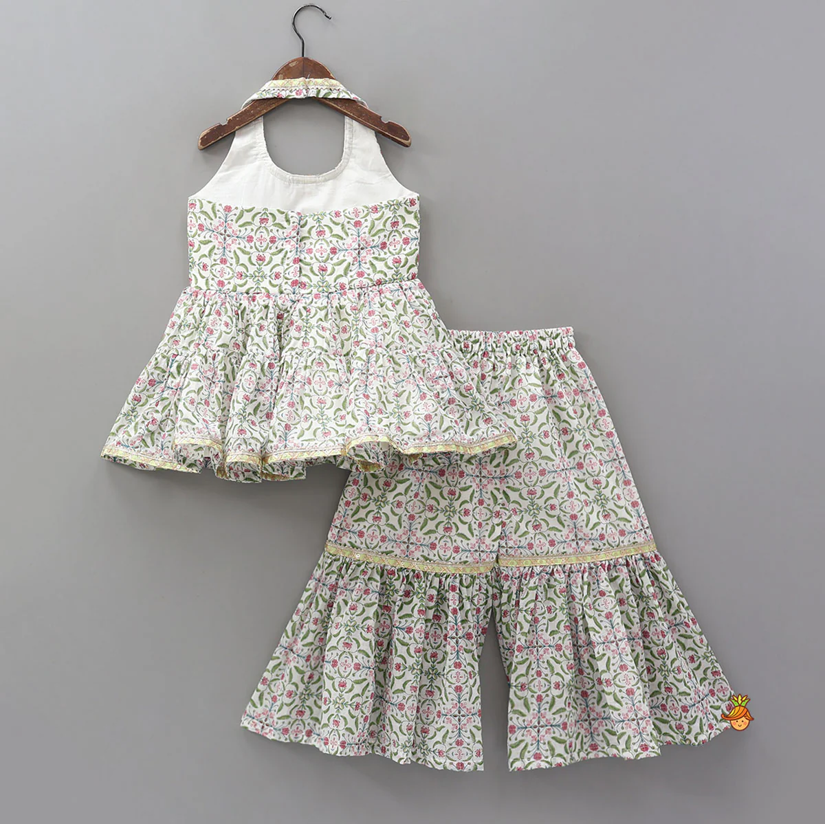 Halter Neck Printed Kurti And Sharara With Contrasting Dupatta - Image 2
