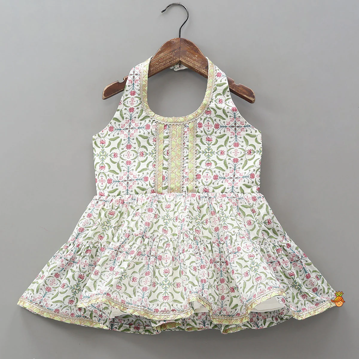 Halter Neck Printed Kurti And Sharara With Contrasting Dupatta - Image 4