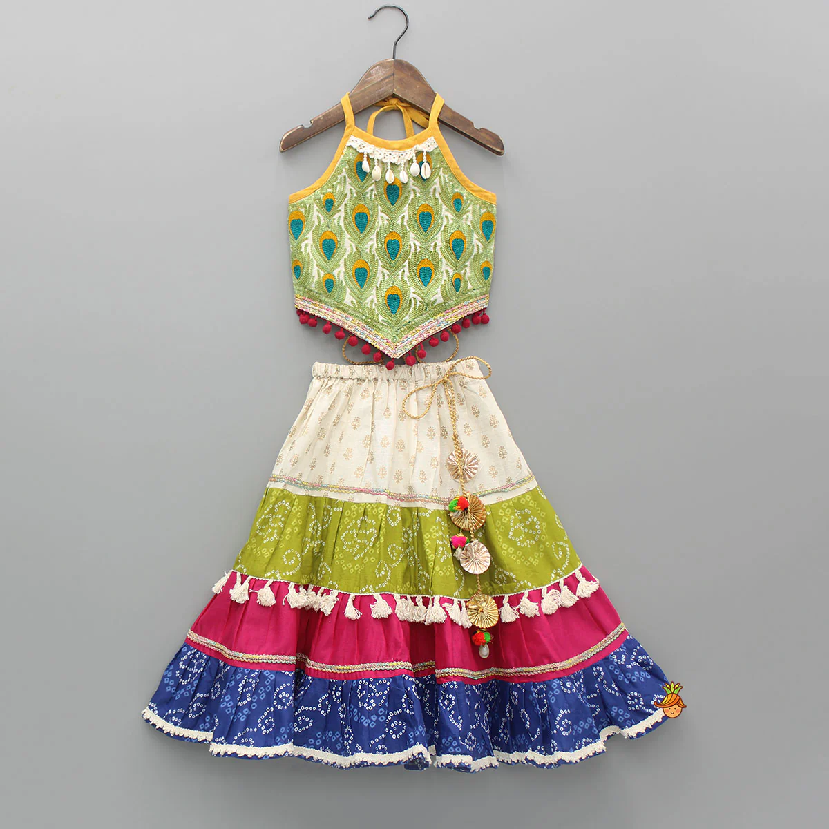 Halter Neck Thread Embroidered Top And Multi Printed Lehenga
