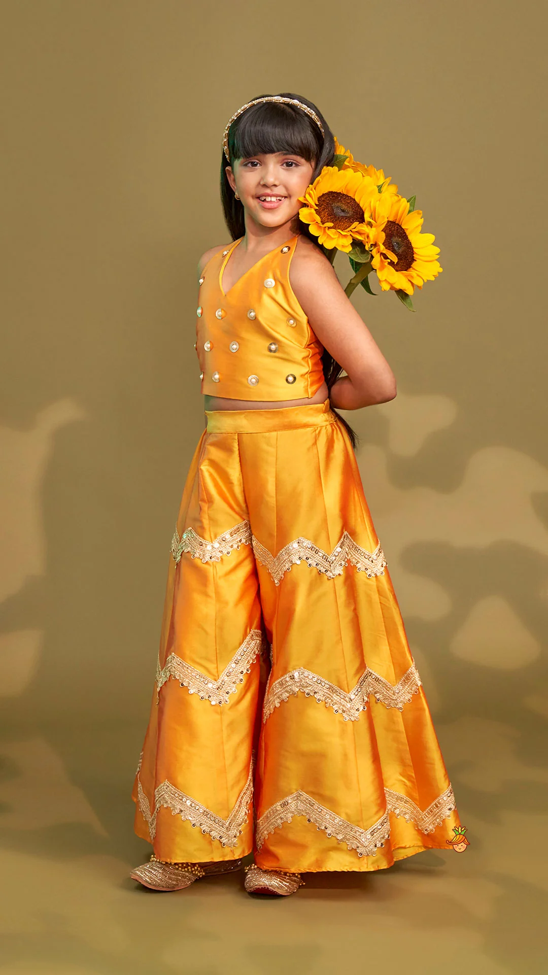 Halter Neck Top And Flared Palazzo With Net Dupatta - Image 3